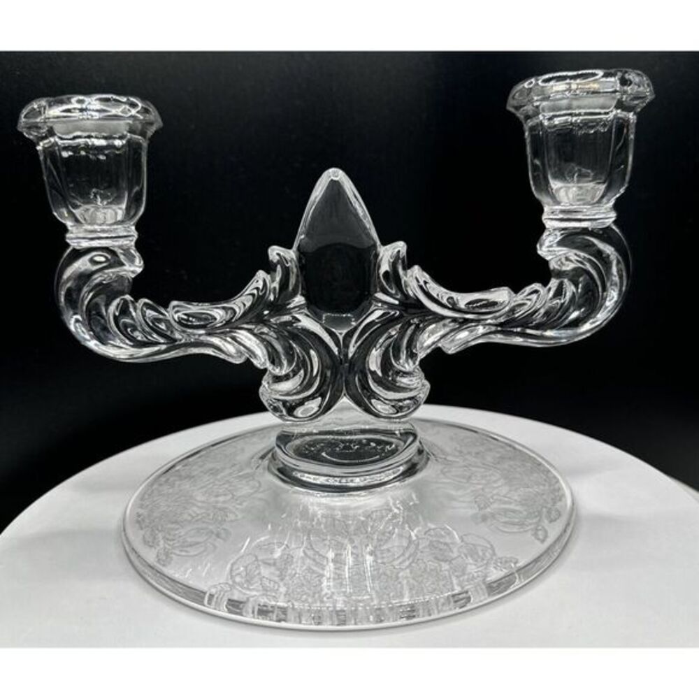 Martinsville Viking NEW Clear Glass Double Candle Holder "Prelude"‎ Etched Base